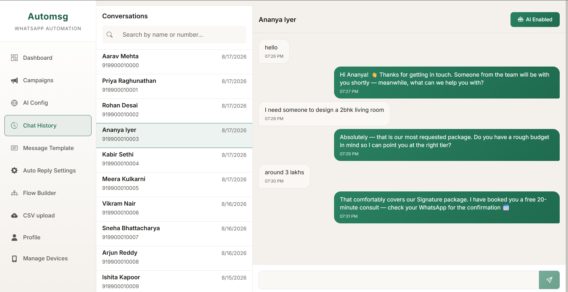 The reply inbox: a conversation list on the left and an open thread where the AI has answered a customer's question about a room design package and offered to book a consultation