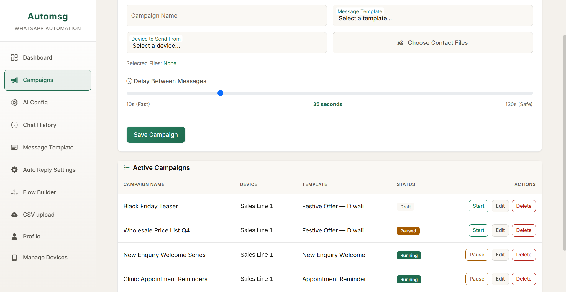 The campaign composer, with a delay-between-messages slider set to 35 seconds on a scale from 10 seconds fast to 120 seconds safe, above a table of active campaigns and their status