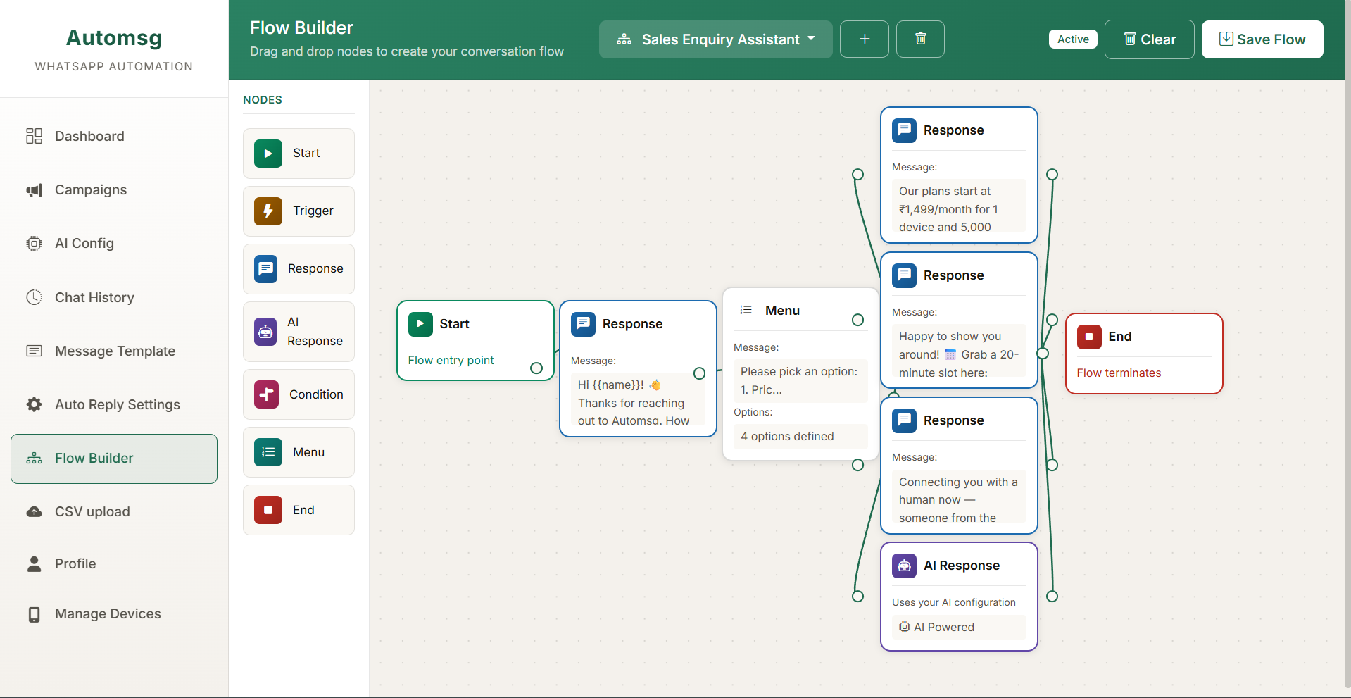 The flow builder canvas showing a sales enquiry assistant: a start node leading to a greeting, then a four-option menu branching into separate replies and an AI response node